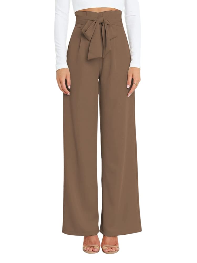 HOULENGS Womens High Waist Straight Suit Trousers Casual Wide Leg Long Pants with Pockets