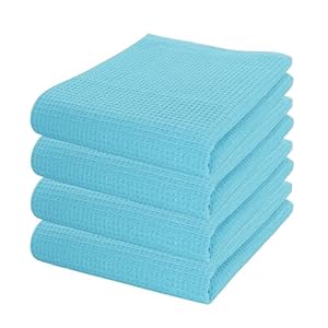PurpleEssencs Waffle Weave Kitchen Towel, 100% Cotton – 15 x 25 Inches, with Hanging Loop Ultra Soft Absorbent Quick Drying Dish Cloth, Tea and Hand Towels for Kitchen, 4 – Pack – Aqua Blue