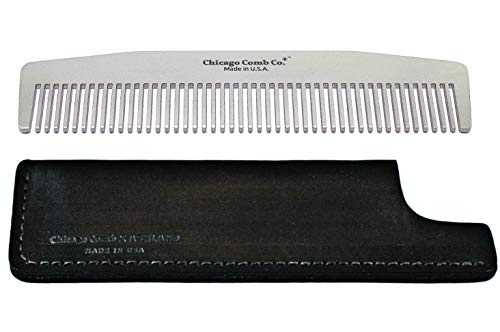 Chicago Comb Model 3 Stainless Steel + Horween Black Leather Sheath, Made in USA, Ultra-Smooth, Durable, Anti-Static, 5.5 in. (14 cm), Medium-Fine Tines, Ultimate Daily Use Comb, Pocket Comb, Gift Set