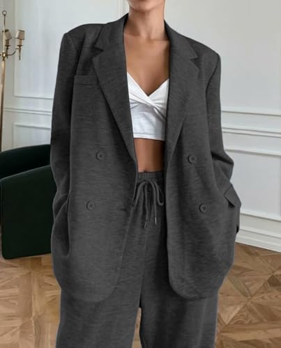 Voghtic 2 Piece Business Casual Outfits for Women Loose Long Blazer Jackets and Dressy Wide Leg Pants Suit Set Pockets4