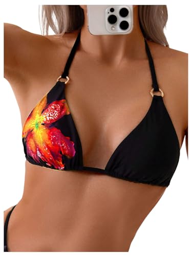Verdusa Women's Floral Halter Bikini Top String Triangle Bra Summer Swimsuit Tops Beachwear Black and Red Small