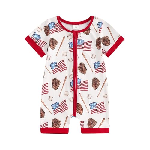 Image of RTJTGXF Toddler Baby Boys Summer Rompers Short Sleeve Independence Day Baseball Print Zip Up Bodysuit Short Crawl Suit Baby Boy Items Sale White