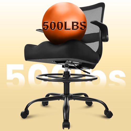 Image of Drafting Chair for Standing Desks, 500LBS Capacity Tall Office Chair with Adjustable Height, Foot Ring, Flip-Up Armrests, Thick Curved Seat for Home Office, Drawing, and Creative Work