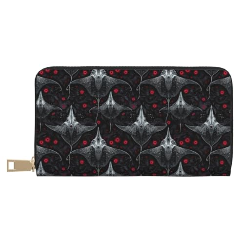 Gothic Style Manta Ray Print Wallet Women Men, Long PU Leather Wallets for Women, Cute Womens Travel Wallet Purse Pouch with Zipper Pocket