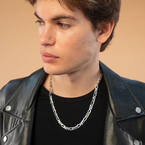 QUADRI Figaro Sterling Silver Chain for Men – 7mm Solid Italian Necklace, Diamond-Cut, 16-30 Inch, Cadena de Plata para Hombre, Gift Box Included3