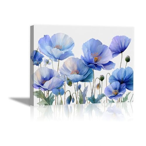 Tableau fleurs bleu coquelicot aquarelle decoration murale maison 60x80