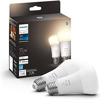 Philips Hue 2-Pack White A19 Medium Lumen Smart Bulb, 1100 Lumens, Bluetooth & Zigbee Compatible (Hue Hub Optional), Works with Alexa & Google Assistant, White (Dimmable Only),75 watts