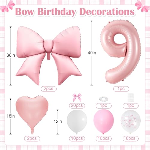 Image of 9th Birthday Decorations for Girl,Pink 9 Balloons for Party Decorations | 9 Year Old Birthday Decoration,Anniversary Party Decor,Pink White Balloons,Bow Print Balloons,Heart Balloons