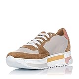  Popa - Zapatillas Deportivas para Mujer - Carol - Talla 38 - Hechas en España - Color Arena - Elaboradas con Piel de Serraje y Textil - Cierre con Cordones - Plataforma de 4 cm