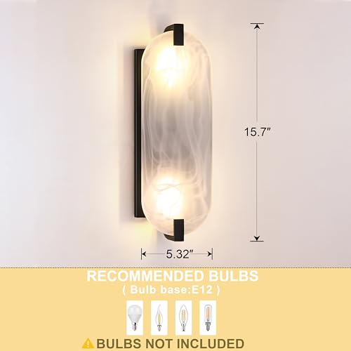 Image of 15.7 inch Art White Frosted Oval Glass Bathroom Modern Wall Sconce Fixture for Bedroom Hallway Bedside 2 Pack 2 Light Black Wall Sconce