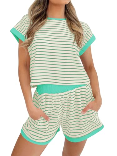Image of Tankaneo Womens Summer 2 Piece Sets Striped Short Sleeve T Shirts and Shorts Loungewear Matching Set