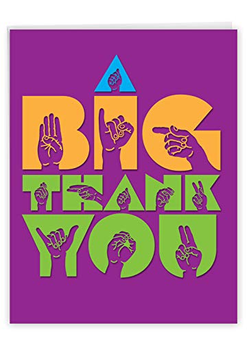 Jumbo Thank You Card w/Envelope 8.5 x 11 Inch - 'Big Signs' Greeting Card Featuring Colorful Letters and ASL Sign Language - Hand Gestures, Deaf or Hard of Hearing - Personalized Thanks J4974ATYG