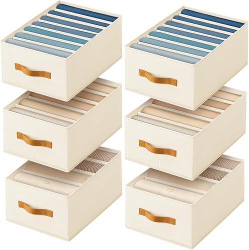 DIMJ Wardrobe Clothes Organizer - 4/5/7 Grids Foldable Closet Drawer Organizer Dividers for Jeans, Pants, Sweater, T Shirt, Storage Bins with Handles for Shelf