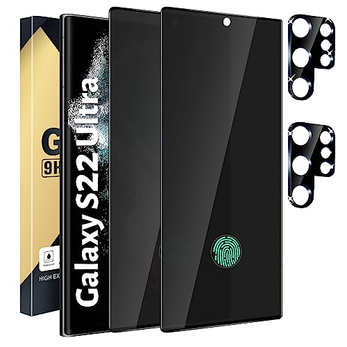 CWQZGUF 2+2 Pack Privacy Screen Protector Compatible with Galaxy S22 Ultra 5G - 2 Tempered Glass Film + 2 Camera Lens Protectos High Clarity Bubble Free Anti-Spy Protection