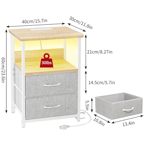 Image of Fixwal Night Stand with Charging Station, LED Nightstand with U-S-B Ports and Outlets, 2 Fabric Storage Drawers with PU Finish, Small Bedside Table, Natural Oak & Light Grey