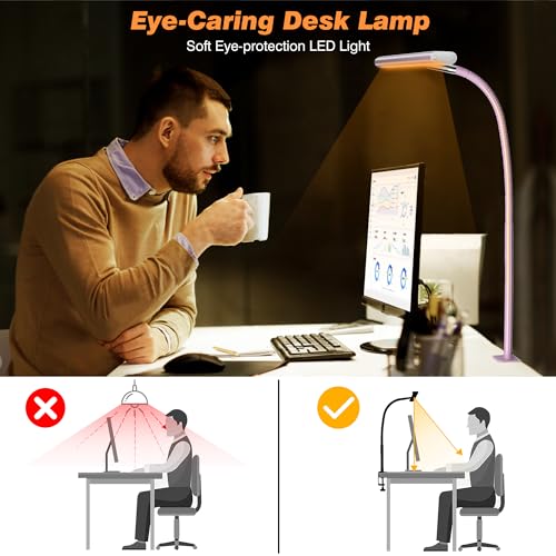 Image of Airlonv LED Desk Lamp for Office Home, Eye-Caring Desk Light with Stepless Dimming Adjustable Flexible Gooseneck, 10W USB Adapter Desk Lamp with Clamp for Reading, Study, Workbench (Pink)