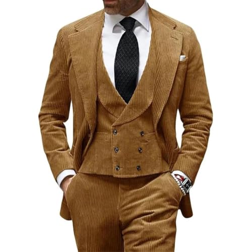 Men's Fleece 3 Piece Corduroy Blazer Vest Pants Set Events Wedding Grooms Banquet Party Tuxedo Suit3