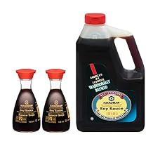 Soy Sauce Budnle with Two Dispensers 5 fl oz and 64 Ounce Bottle 0.5 Gallon - with Make Your Day Mini Bamboo Spatula or Basting Brush