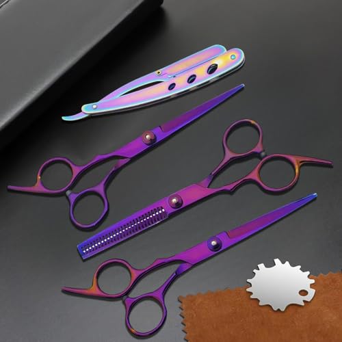 Hair Scissors Professional Haircut Scissors Set, Thinning Shears for Hair Cutting with 30 Teeth, Straight Shears for Men Women Home Salon Barber Purple