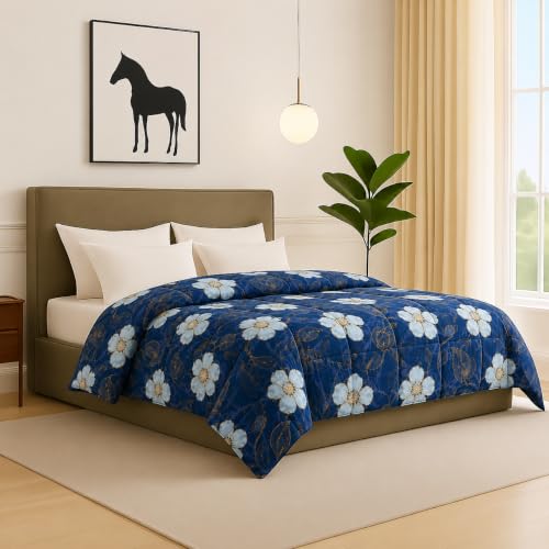 Image of Single Bed Tulip Rose Printed Comforter - 100 GSM Quilt Blanket Rajai - Winter Warm Down Alternative Duvet Insert with Corner Ties - Machine Washable