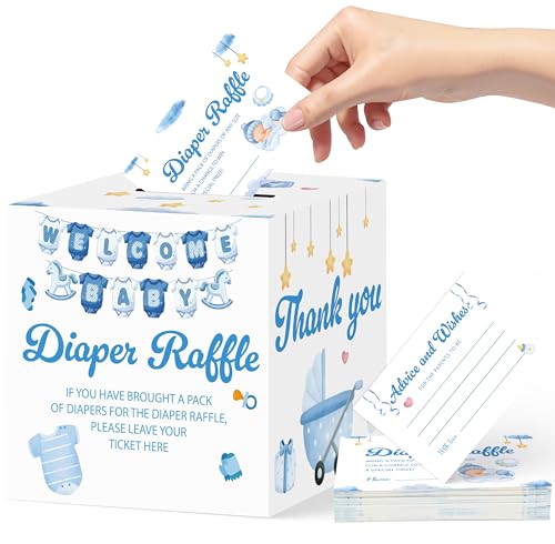 Diaper Raffle Tickets with Box, Blue Bear Baby Shower Game Set, 50 Cards with Advice and Wishes Inserts for Baby Boy Shower Supplies, Gender Reveal Party Decorations