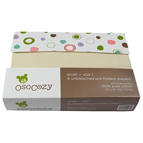 OsoCozy Prefolds Unbleached Cloth Baby Diapers, Size 1 (7-15 lbs), 6 Pack, Soft, Absorbent and Durable 100% Natural Cotton Cover