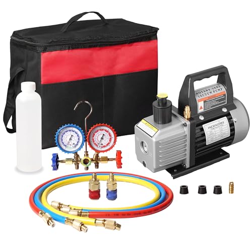 Vakuumpumpe Klimaanlage Set 3 CFM 1/4 HP Vakuumpumpe mit Manometer Schläuchen für R12 R22 R502 R134A R404 R407 R452A Vakuum-Pumpen-Kit für...