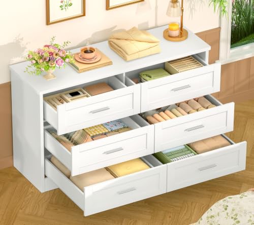 Image of TEENFON 42.1 inchW White Dresser for Bedroom, Modern 6 Drawer Dresser with Metal Handles, Wood Dressers & Chest of Drawers, Wooden Closet Clothes Storage Organizer for Bedroom, Living Room, White