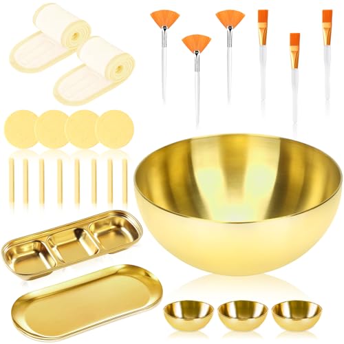 26 Gold Esthetician Supplies 3 Fan Brushes Esthetician 3 Facial Mask Mixing Bowls Large Gold Serving Bowls 3 Facial Flat Brushes Skincare Tray 3-Section Serving Tray 12 Facial Sponges 2 Spa Headbands