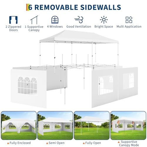 10x20 Pop Up Canopy, Commercial Heavy Duty Canopy Tents for Parties with Roller Bag, 10x20 Tents with 6 Removable Sidewalls, Upgraded Thickened Legs, 6 Sand Bags, White