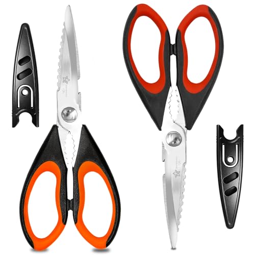Image of Kitchen Scissors, Heavy Duty Shears with Safety Cover, Soft Grip, for Meat, Poultry, Herbs Cutting, Bottle and Jar Opener (Red & Orange)