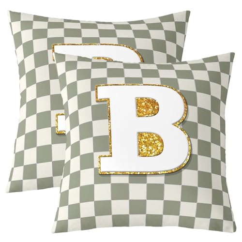 Image of Erosebridal Sage Green Checkered Throw Pillow Covers 24x24 Set of 2 Plaid Initial B Cushion Cover Personalized Monogram Throw Pillow Case for Bed Couch Sofa Fashion Grids Gingham Home Decor