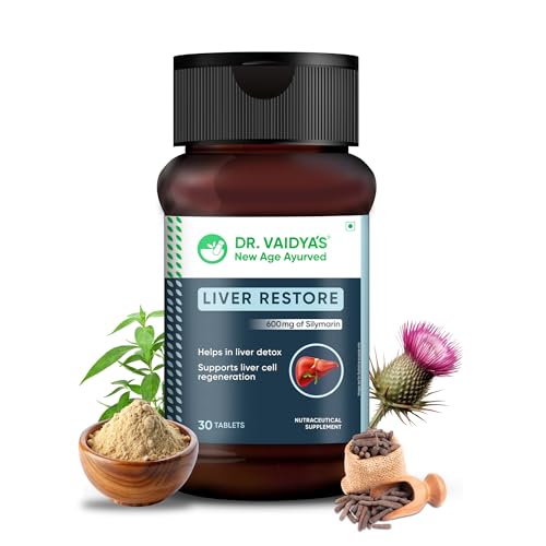 Dr. Vaidya’s Liver Restore Tablets with Milk Thistle and Dandelion | 600mg Silymarin | Ayurvedic Liver Detox & Care Supplement | Supports Liver Health, Cleansing, Digestion & Metabolism | 30 Tablets, Pack of 1