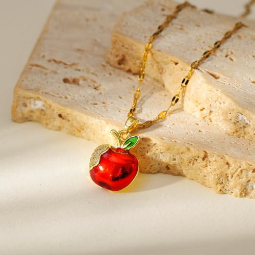 Cute Red Enamel Apple Fruit Pendant Necklace for Women Rhinestone CZ Food Charm Green Leaves Dainty Choker Link Chain Adjustable Lovely Teacher Graduation Fashion Jewelry for Mom Wife Daughter4