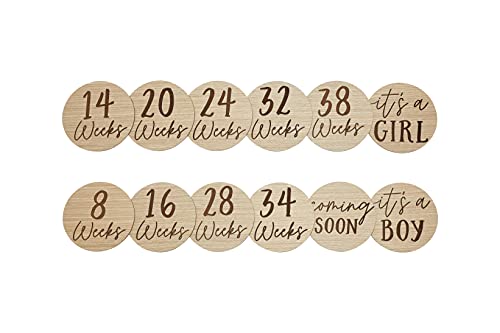 Kate & Milo Wooden Weekly Baby Pregnancy Announcement Cards, Double Sided Photo Prop Milestone Discs, Light Wood