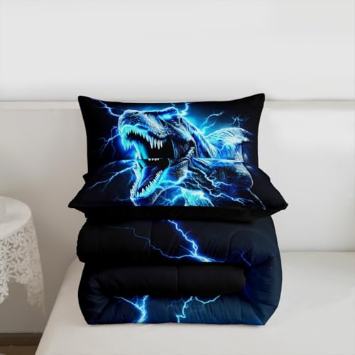 Image of Dinosaur Bedding Set Full Size Kids 3D Dino Print Comforter Set for Boys Girls Teens Jungle Dino Duvet Quilt Breathable Soft Microfiber Lightning Blue Room Decor Wild Animal