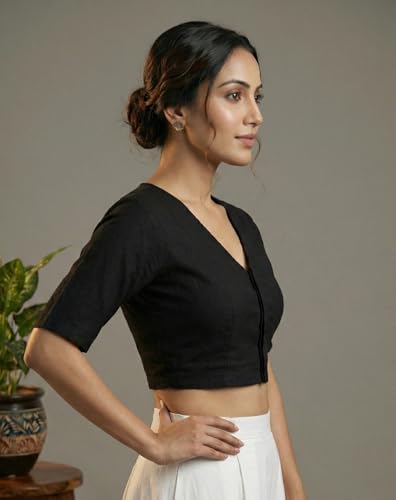 Image of Yash Gallery Women's Stretchable Rayon Lycra V-Neck Short Sleeve Front Open with Hook Stylish Crop Blouse Top for Ethnic Beige Designer Festive Choli Blouse
