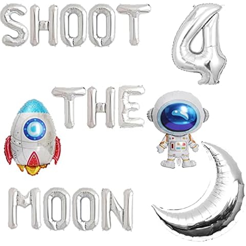 Vetwo Shoot 4 the Moon Balloons Silver Outer Space 4th Birthday Party Banner Love You to The Moon and Back/Astronaut/Space Man/Robot/Galaxy/UFO Theme Happy Fourth Birthday Party Supplies Decorations Cover