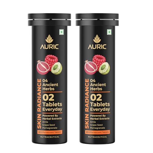 Image of Auric Skin Radiance Glutathione Effervescent 40 Tablets for Skin | With Biotin, Amla, Pomegranate & Grape Seed Extract | Mixed Berries Flavour | Shine 365