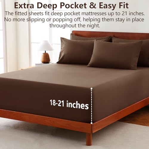 Image of CozyLux 6-Piece Cal King Sheet Set, Fits 18-21 Inch Mattresses, Oeko-TEX | 4 Pillowcases, 1 Flat Sheet and 1 Fitted Sheet with All-Around Elastic and 21-Inch Deep Pocket for a Secure Fit, Brown