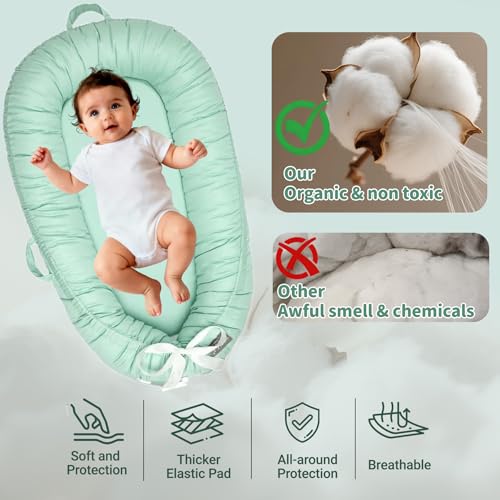 Image of Infant Support Cushions | Baby Lounger | Cotton Infant Lounger | Reversible Adjustable Portable Floor Lounger | Supervised Awake Only No Sleeping | Soft Breathable Washable Cover (Green)