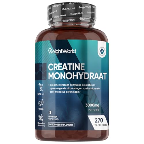 Creatine Monohydraat tabletten - 3000 mg (3 gram) per portie - 270 tabletten voor 3 maanden voorraad - Alternatief voor creatine monohydraat poeder - Vegan supplement - Van WeightWorld