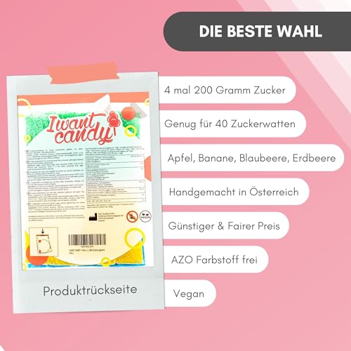 Partyset 4 x 200 Gramm Zuckerwatte Zucker inklusive 30 Zuckerwatte Stäbe | Apfel, Banane, Blaubeere, Erdbeere | Natürliche Aromen & Farbstoffe ohne AZO | Set für Zuckerwattemaschine von I WANT CANDY® – Bild 7