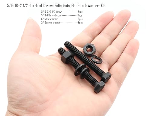 Image of LBY 8 Sets Hex Bolts Kit, 5 /16-18x2-1 /2'' Hex Head Screws Bolts (Fully Threaded), with Heavy-Duty Nuts, Flat & Lock Washers, Alloy Steel (Black)