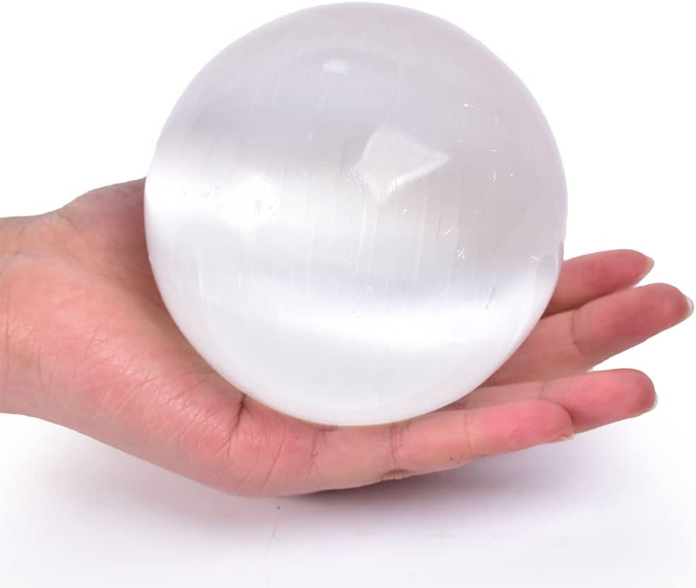 JIC Gem 3.5-4 Inch(90-100mm) Selenite Crystal Sphere with Wooden Stand Healing Crystal Ball for Meditation, Home Decoration