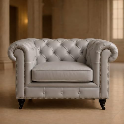 Image of Modern Classic Design Leatherette Luxury Chester Sofa Set with Button Tufted, Sofa for Living Room Home, Office and Lobby (Grey, 1 Seater Sofa)