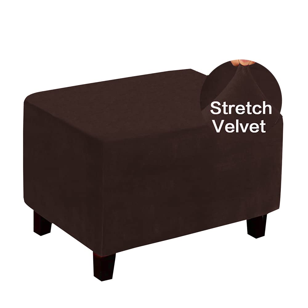Highdi Ottoman Cover Rectangle Velvet, Stretch Footstool Slipcover, Solid Color Stool Protector Cover with Elastic Bottom, Dustproof Removable Washable Footrest Pouffe Covers (Brown,XL)