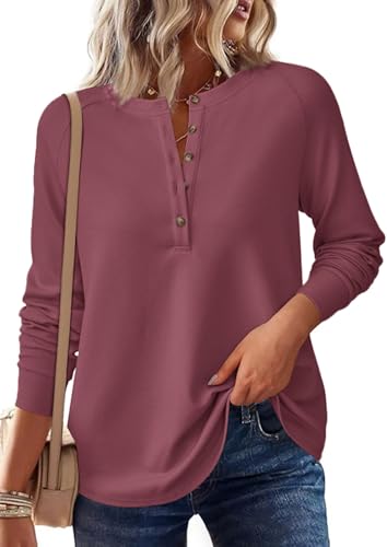 Image of PRETTYGARDEN Women's Long Sleeve Waffle Knit Henley Shirts