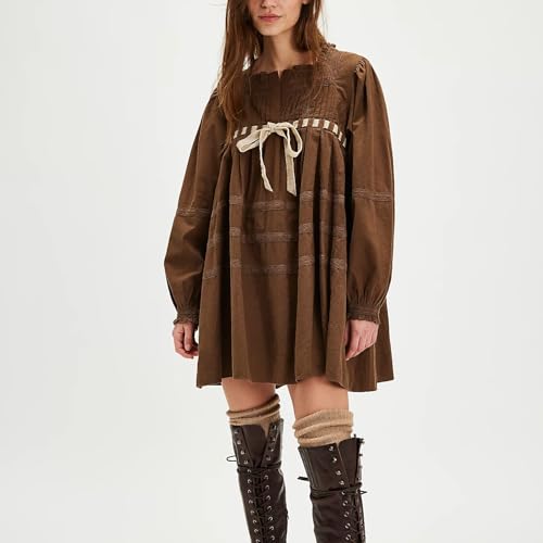 Y2k Women Lace Bow Tie Front Mini Dress Flowy Long Puff Sleeve Embroidered Babydoll Tunic Short Dresses A Line2