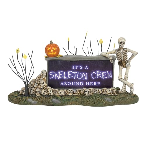 Department 56 Village Collection Accessories Halloween We're A Skeleton Crew Sign Lit Figurine, 3.9 Inch, Multicolor